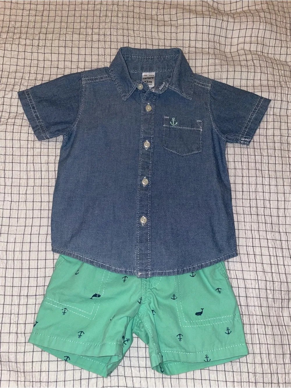 2 PC Carter's Blue Chambray Button-Up Shirt with Mint Anchor Accent and Shorts